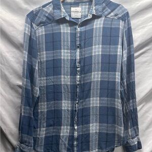 YoungLA Blue and White Plaid Flannel Snapped front long sleeve shirt